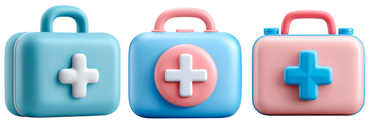 Three Pastel First Aid Kits with Cross Symbols for Health and Safety