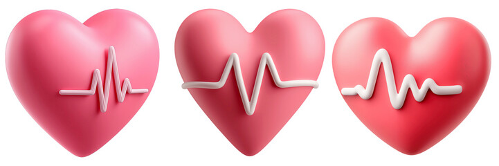 Set of 3d Pink Hearts with White Heartbeat Lines - Health Concept