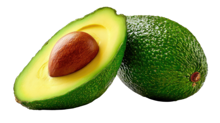 Fresh Avocado Duo: A vibrant still life showcasing a fresh, ripe avocado, artfully halved to reveal its creamy interior alongside a whole specimen, inviting culinary exploration.