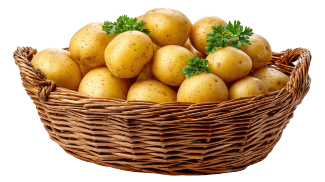 Harvest Bounty: A rustic wicker basket overflowing with freshly harvested potatoes, accented by vibrant green parsley sprigs. A wholesome depiction of agricultural abundance.