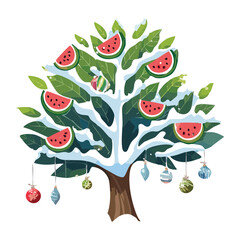 Watermelon fruit tree illustration with many slices of red ripe melon on branches surrounded by fresh green leaves