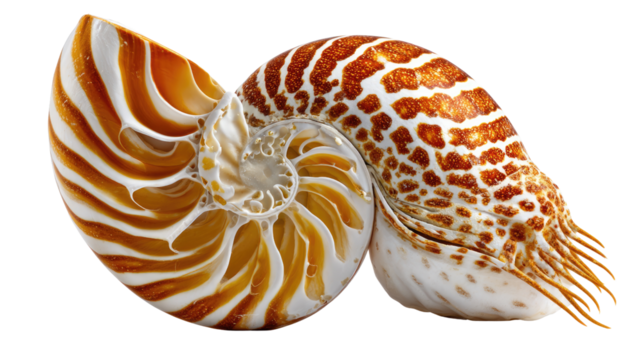 Nautilus Shell: A detailed close-up reveals the exquisite spiral design and intricate patterns of a nautilus shell, showcasing nature's artistry in perfect detail.