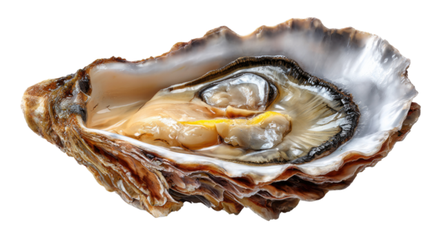 Oyster Delight: An open oyster presents its delicate flesh in a display of culinary elegance. This image captures the simple perfection of nature's bounty, ready to be savored.