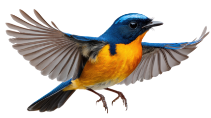Colorful Bird in Flight: A vibrant bird with striking blue and orange plumage gracefully takes flight, showcasing its beauty against the backdrop of nature.