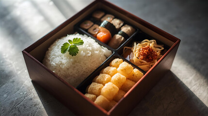 Japanese Bento Box with Fried Tempura, Rice, and Dipping Sauce
