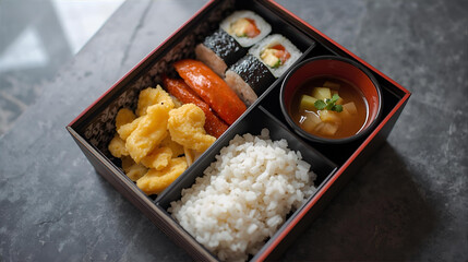 Japanese Bento Box with Fried Tempura, Rice, and Dipping Sauce
