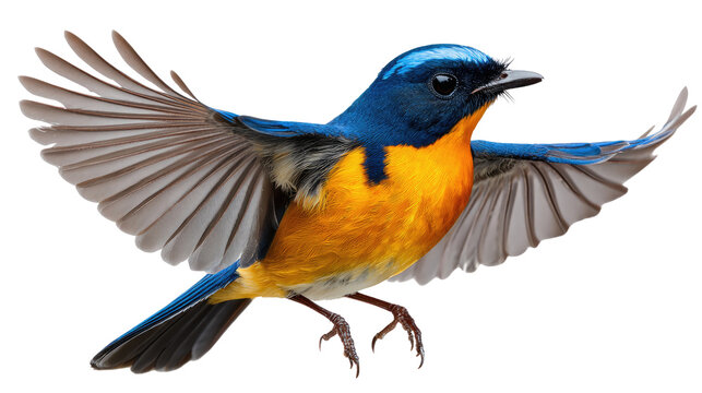 Colorful Bird in Flight: A vibrant bird with striking blue and orange plumage gracefully takes flight, showcasing its beauty against the backdrop of nature.