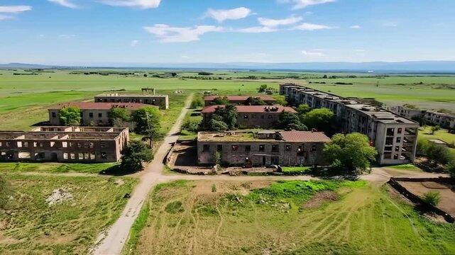 Aerial view of abandoned Soviet-era military barracks set against a vast, open, grassy landscape under a clear blue sky