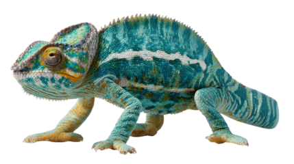 Chameleon in Dynamic Pose: Witness the exquisite beauty of a chameleon in mid-stride, showcasing its vibrant, multi-hued skin and unique physical characteristics.