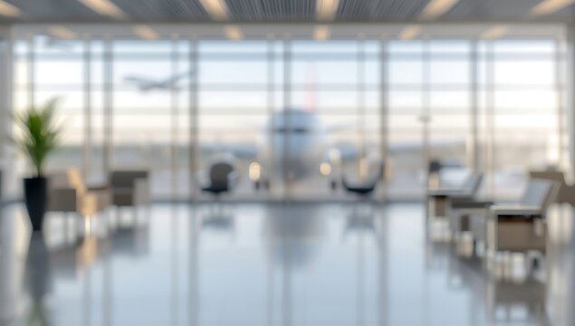 Blurred Airport Lounge with Airplane and Seating