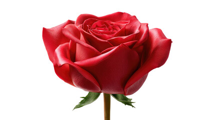 Vibrant Crimson Rose: A captivating, full-bloom rose presents its velvety, passionate petals, epitomizing love and beauty, while its delicate stem and leaves add a touch of natural elegance. 