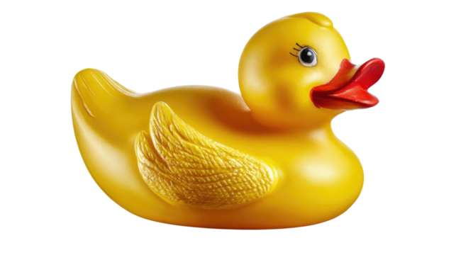 Rubber Duck: A cheerful yellow rubber duck with a red beak and detailed eye. Perfect for fun and bath time joy.