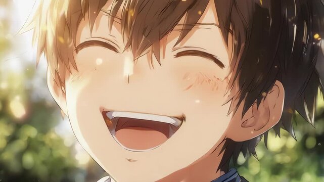 An extreme close-up of a handsome anime boy's face, captured in a moment of pure, hearty laughter. Warm sunlight adds a cinematic and joyful feel to the animation. Perfect for positive concepts.