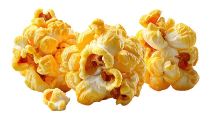 Popcorn Delight: Capturing the simple pleasure of cinema snacks, three fluffy popcorn clusters, golden and inviting, ready to indulge your senses. 