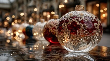 Elegant Christmas Ornaments with Bokeh Lights, Perfect for Holiday Decorations
