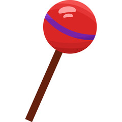 Red Swirl Lollipop on a Stick with a Brown Handle on a Transparent Background Featuring a Glossy Surface and Purple Stripe Detail
