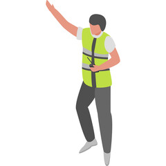 Industrial worker wearing safety vest and holding remote control with hand raised in greeting isometric illustration with white background