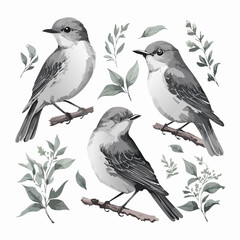 set of watercolor nightingale vector illustration isolated on white background