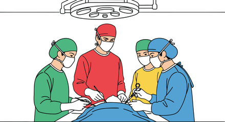 Surgical team performing operation under bright overhead lights