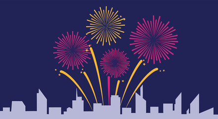 Fireworks Display Over City Skyline Silhouette at Night, Celebration