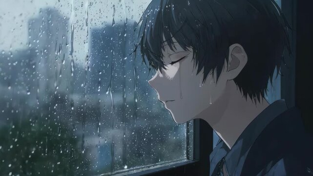 A close-up animation of a thoughtful anime boy with a pensive expression, looking out a rainy window. The cool color palette and cinematic lighting create a calm, introspective mood