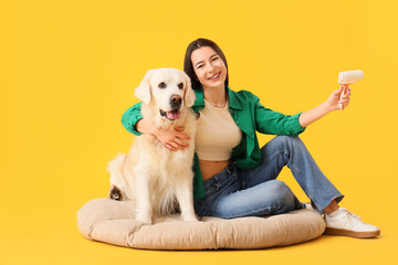 Young woman with lint roller and Labrador dog on pet bed against yellow background