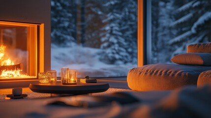 Cozy winter evening by fireplace with snowy forest view