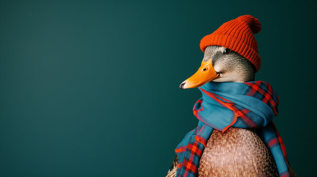 Pato usando gorro e cachecol xadrez