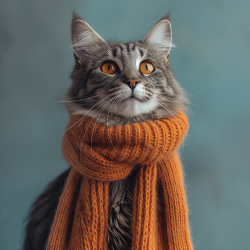 Gato malhado com cachecol de l&atilde; laranja