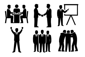 Business Silhouette: a series of business-related vector graphics featuring diverse figures engaged in activities signifying communication, collaboration, and achievement within a corporate setting.