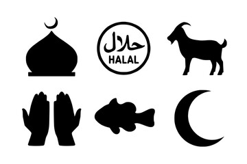 Halal Symbol: The image showcases a collection of icons including halal food, a crescent, a mosque dome, a praying hand and a goat.