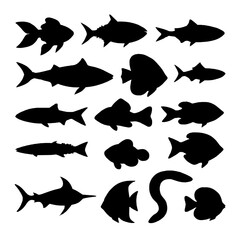 Aquatic silhouettes: An artistic collection of various aquatic creature silhouettes. Representing marine life, these images provide a diverse selection of aquatic fauna, ready for your creative touch.