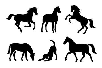 Horse Silhouette Collection: A collection of striking black horse silhouettes showcasing various dynamic poses, conveying power, grace, and freedom.