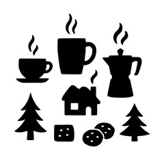 Cozy winter Icons: Capturing the essence of comfort, featuring steam rising from warm mugs, a welcoming cottage, and festive cookies, inviting a sense of peaceful warmth and the simple joys of winter.