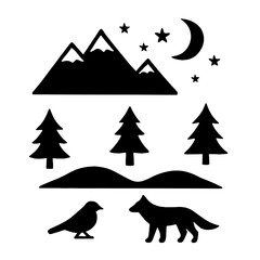 Mountain Silhouette at Night: A minimalist and elegant illustration features a majestic mountain range beneath a starlit night sky, with trees, a gentle hill, a bird, and a fox.