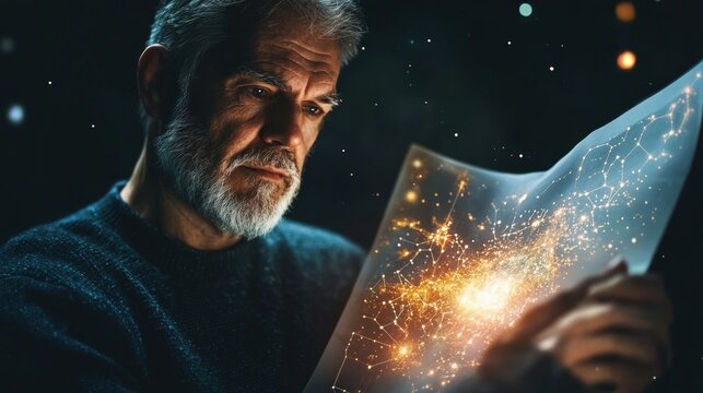 Experienced male astronomer analyzing star chart in cosmic setting night sky digital art introspective viewpoint