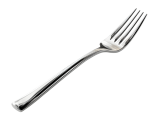 A sleek, reflective silver stainless steel dinner fork with four tines, isolated on a light background. Perfect for modern cutlery mockups or elegant tableware visuals.