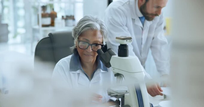 Scientist, woman and microscope with research in lab for sample test, genetics study or innovation. Science staff, mature person and medical equipment for vaccine development, DNA analysis or results