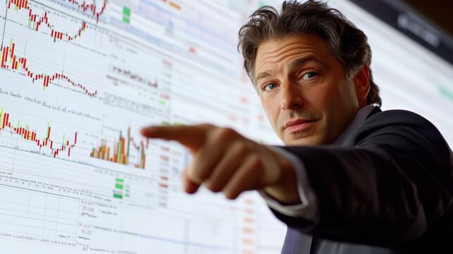 Experienced equity analyst pointing at screen with market data financial office digital analysis professional environment engaging perspective