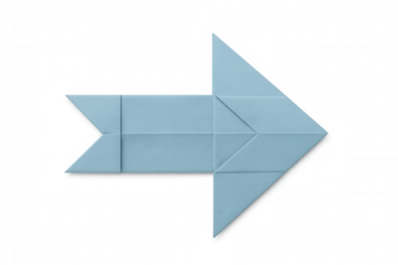 Blue origami paper arrow pointing right, indicating direction, path, or progress concept on transparent background
