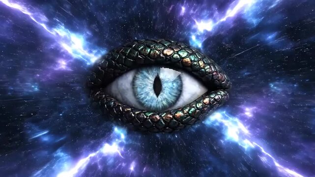 Epic zoom into a mystical reptilian eye with iridescent scales amidst a stormy blue and purple nebula