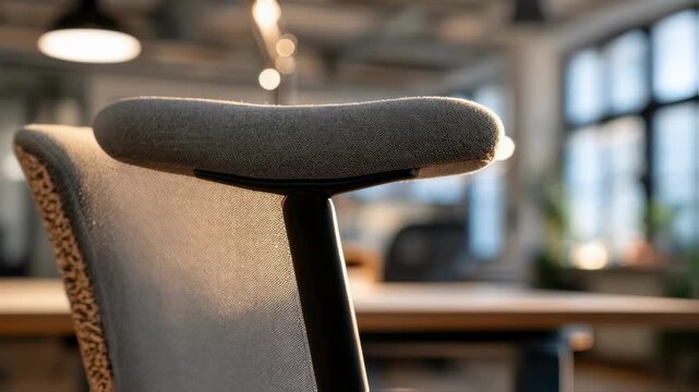 Closeup on a supportive ergonomic chair backrest in sharp focus softly blurred home office environment emphasizes comfort and proper spinal alignment.