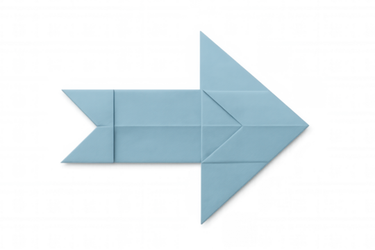 Blue origami paper arrow pointing right, indicating direction, path, or progress concept on transparent background