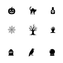Zestaw ikon Halloween - dynia, kot, trucizna, pajęczyna, szklana kula, nagrobek, ręka zombie, kruk i inne - ilustracja wektorowa