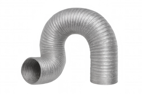 Flexible silver corrugated aluminum air duct and ventilation hose for hvac systems on transparent background