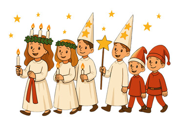 Traditional Sankta Lucia parade with children dressed as Lucia, star boys (stj&auml;rngossar) and Christmas elves (tomtenissar), perfect for ads, posters and activity materials for schools and preschools.