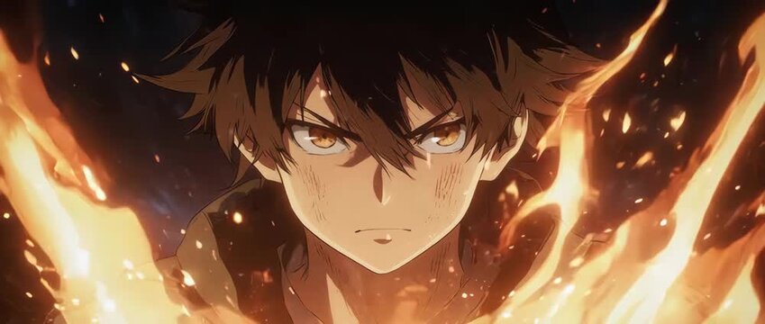 A close-up animation of an anime boy with a determined and focused expression. Sharp, detailed eyes and dramatic lighting convey a sense of conviction and power. Floating embers add to the epic mood.