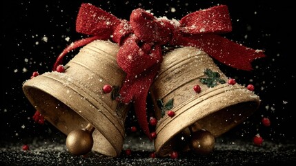 Christmas bells with red bow and snow, holiday season background decoration