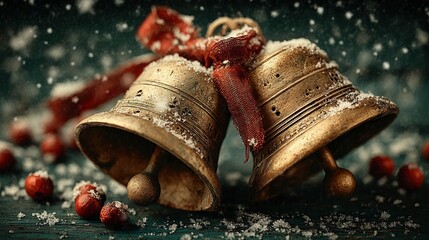 Christmas Bells with Snow and Ribbon Decorations on a Festive Holiday Background