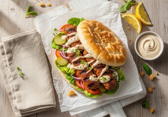 Grilled Chicken Pita Sandwich with Fresh Vegetables, Tahini Sauce & Lemon Wedges